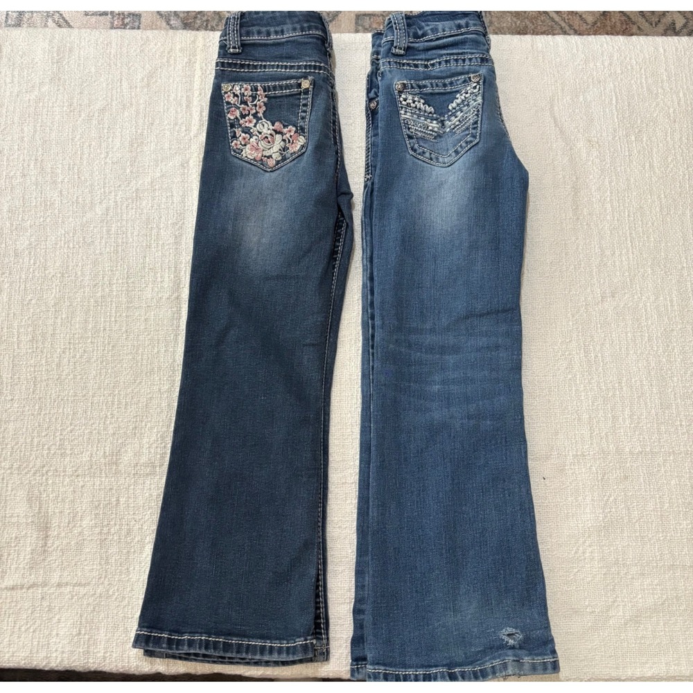 May Lillie Girls Size 6 Bootcut Jeans Medium Wash Embroidered Pockets 2 Pair